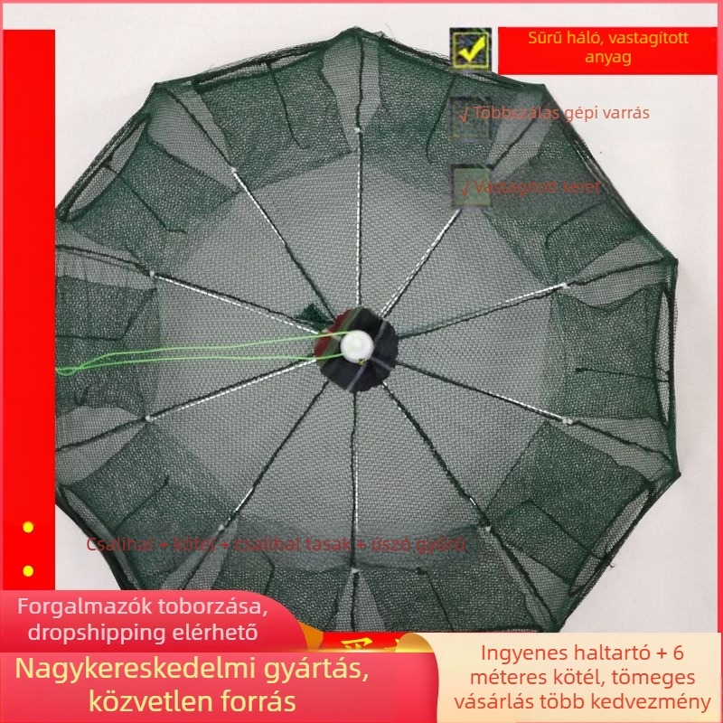 Ernyőhálós horgászfelszerelés, összecsukható háló, automata garnéla ketrec, halas táska – horgászati felszerelés