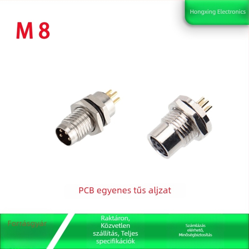 M8 légi csatlakozó – Férfi és női, 4 tűs, elülső PCB-szerelés, aranyozott, egyenes tűk, ragasztóval töltött, vízálló, 8 mm