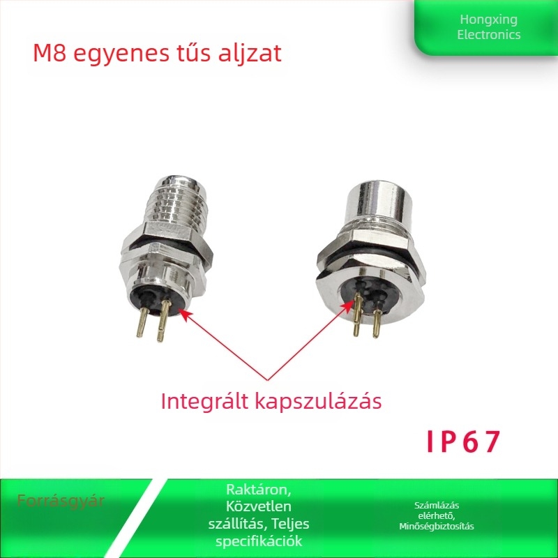 M8 légi csatlakozó – Férfi és női, 4 tűs, elülső PCB-szerelés, aranyozott, egyenes tűk, ragasztóval töltött, vízálló, 8 mm