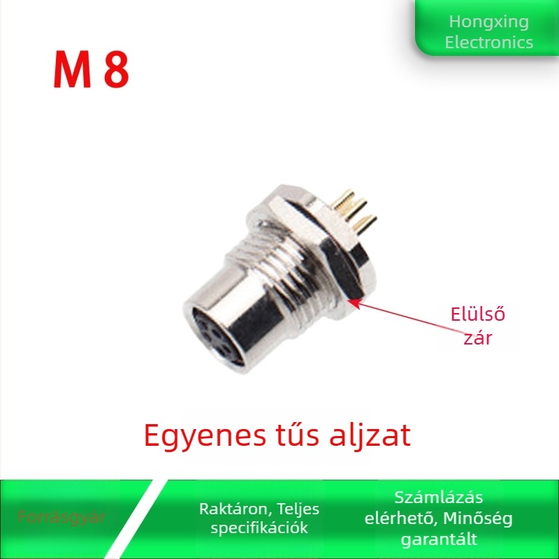 M8 légi csatlakozó – Férfi és női, 4 tűs, elülső PCB-szerelés, aranyozott, egyenes tűk, ragasztóval töltött, vízálló, 8 mm