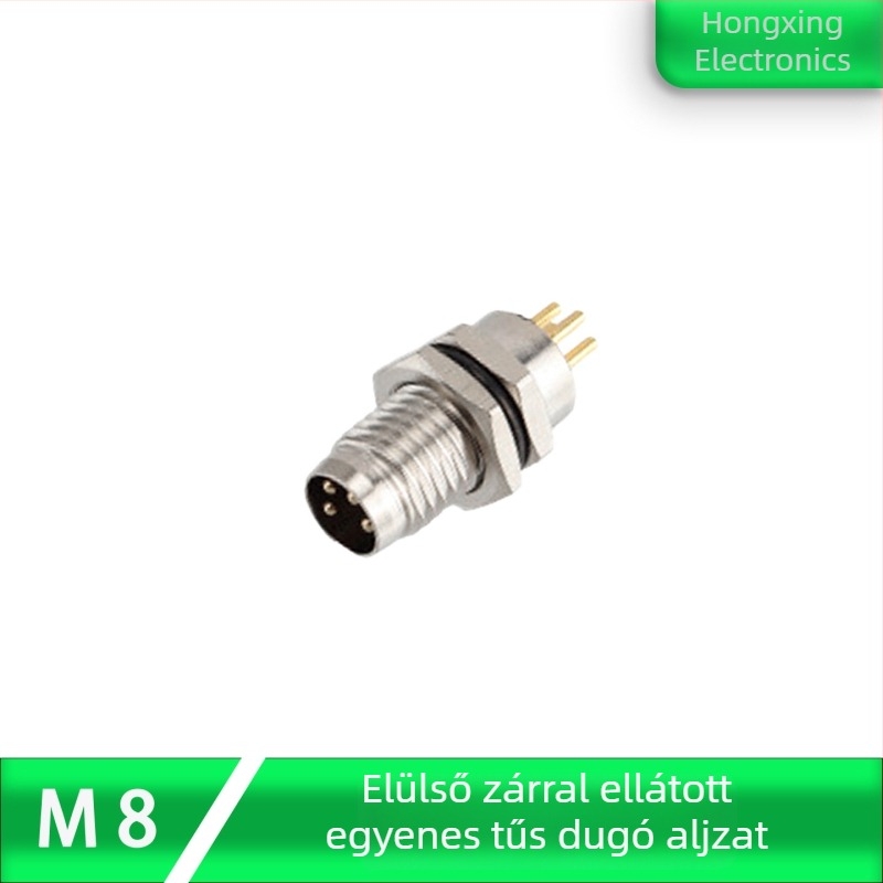 M8 légi csatlakozó – Férfi és női, 4 tűs, elülső PCB-szerelés, aranyozott, egyenes tűk, ragasztóval töltött, vízálló, 8 mm