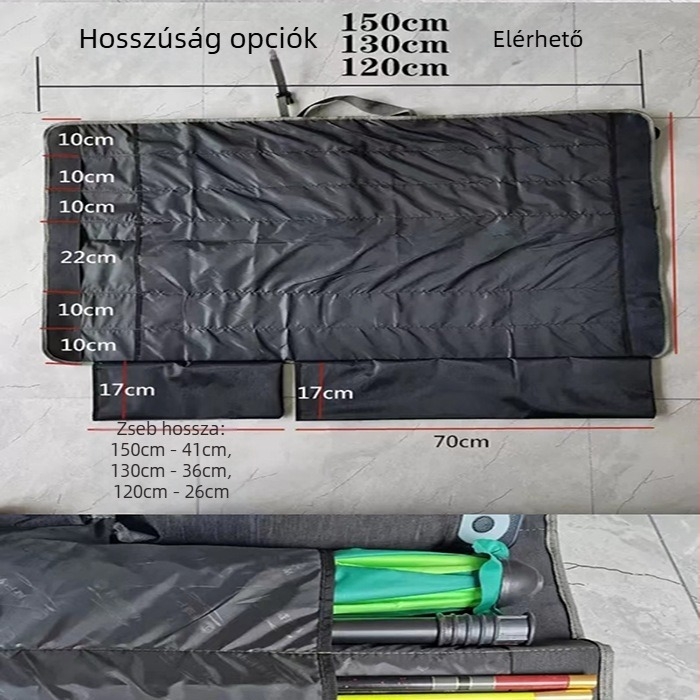 Összecsukható horgász felszerelés táska, botzsákkal és puha velúr tárolózsebbel, vízálló
