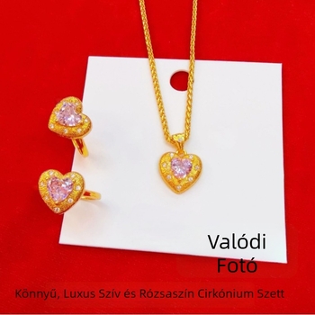 Aranyozott, kefés felületű szív alakú nyaklánc és gyűrű készlet rózsaszín zirkóniával — elegáns, megfizethető luxus, sokoldalú ékszer a barátnő születésnapjára