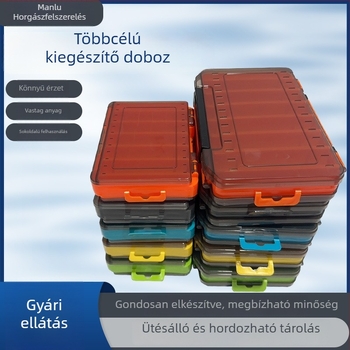 Kétszintes, kétoldalas műcsali-doboz szerszám- és kiegészítőrekeszekkel, tároló merev csalikhoz