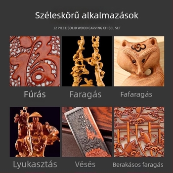 12 darabos faragó készlet fafaragáshoz — bútorokhoz és gyökérfaragáshoz, fa dobozban
