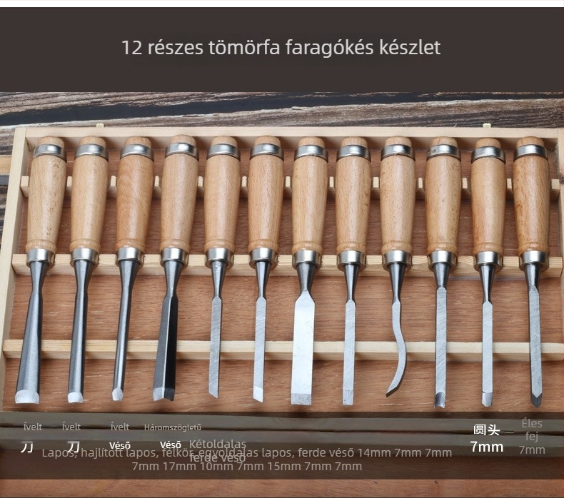 12 darabos faragó készlet fafaragáshoz — bútorokhoz és gyökérfaragáshoz, fa dobozban