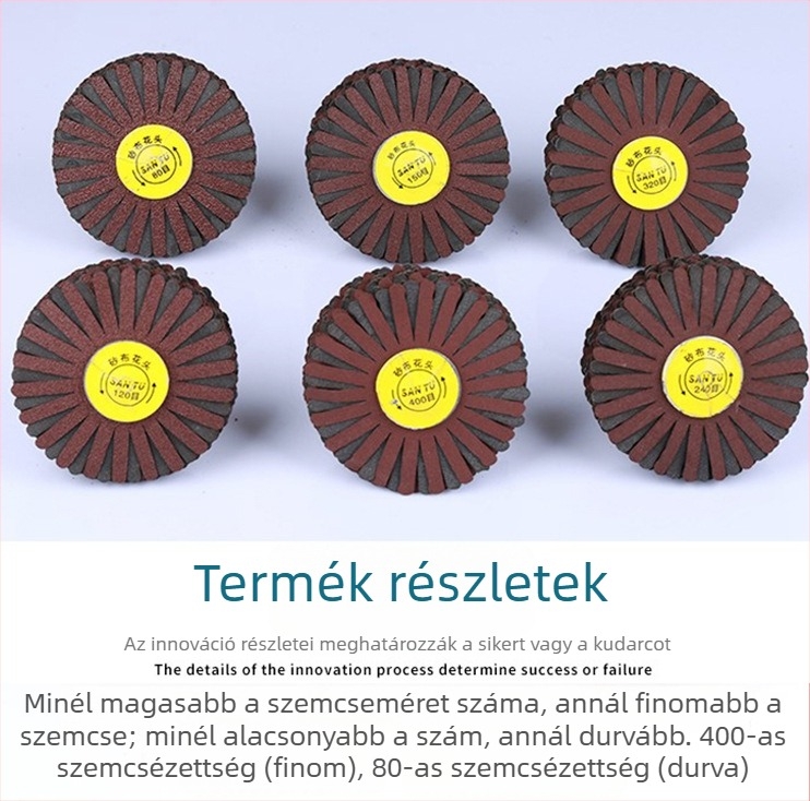 Fafaragó polírozó kerék emery szalaggal, hengeralakú csiszolófej, sík és görbe felületek csiszolására; tartalmaz acéldrót- és rézdrót kefét