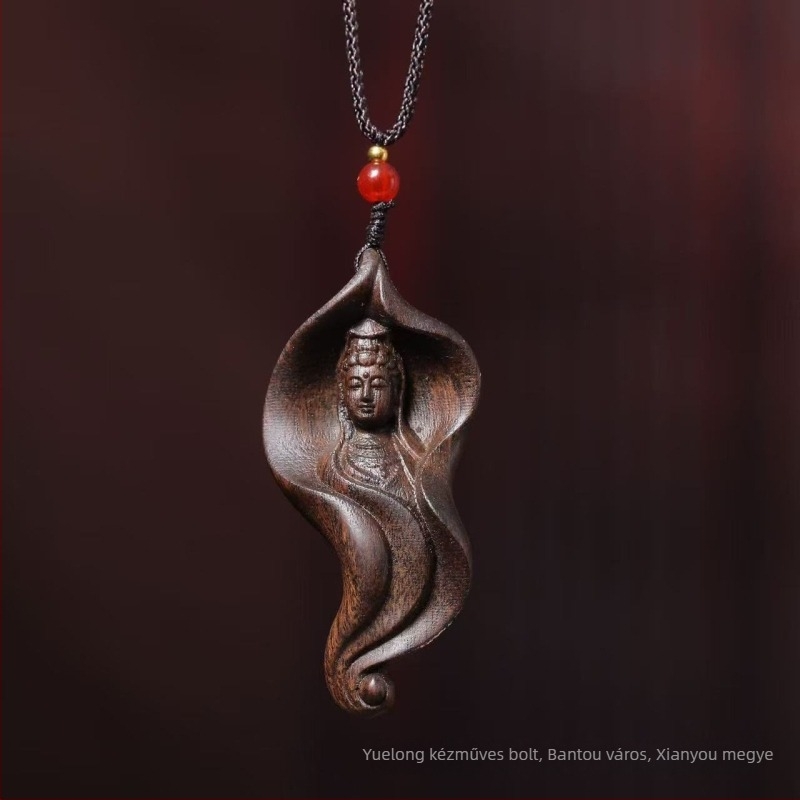 Fafaragott Guanyin Bodhisattva medál lótuszlevél motívval, uniszex nyaklánc