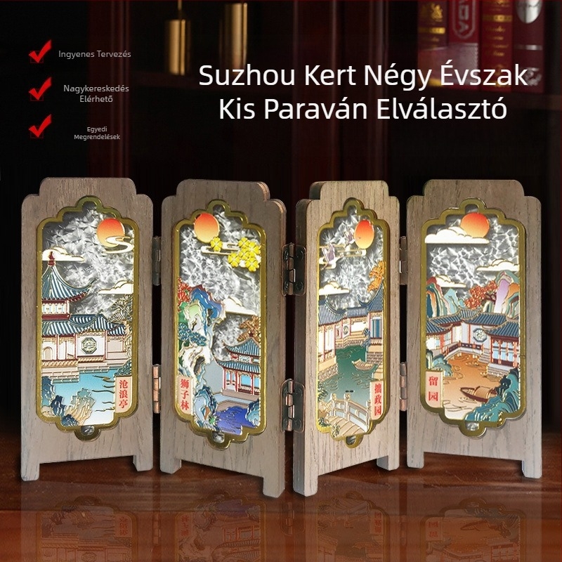 Fából készült asztali összecsukható dísz, Suzhou-kert négy évszakának tájával, kreatív szuvenír mágneses dísz