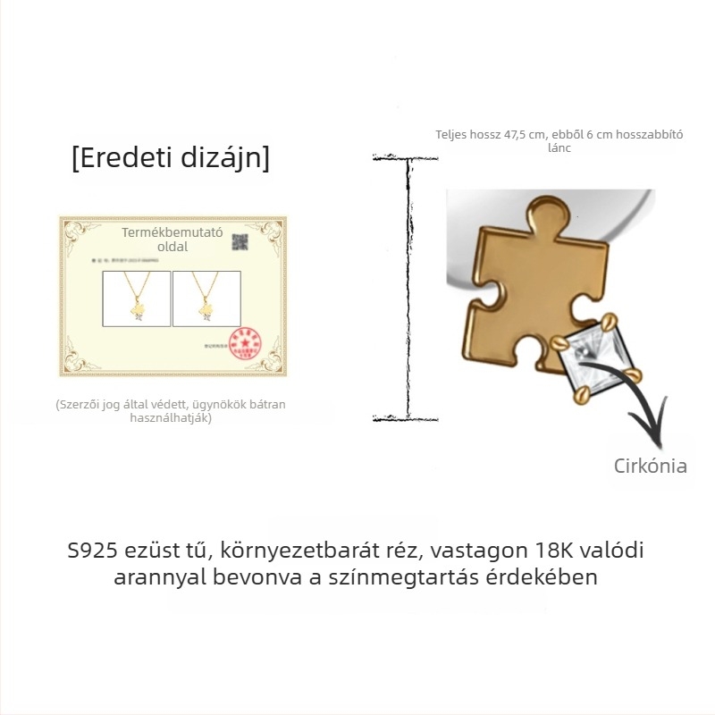 18K aranyozott nyaklánc, matt felület, cirkón mozaik, geometriai dizájn, hossz 41–50 cm, mindennapi elegáns nyaklánc