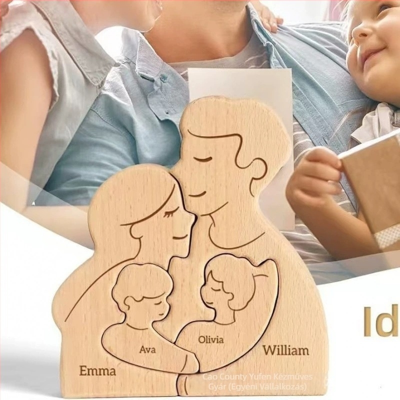 Fából készült 3D puzzle – ölelő családi medve, otthoni dekoráció, ajándék Anyák napjára