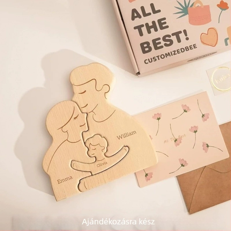 Fából készült 3D puzzle – ölelő családi medve, otthoni dekoráció, ajándék Anyák napjára