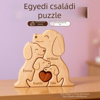 Fából készült kutyás családi puzzle dekorációs készlet otthoni díszítéshez