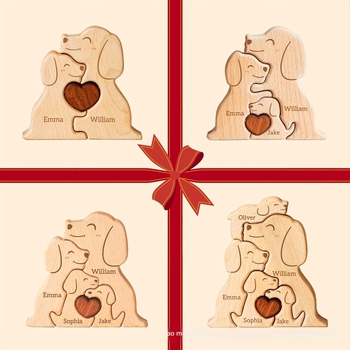 Fából készült kutyás családi puzzle dekorációs készlet otthoni díszítéshez