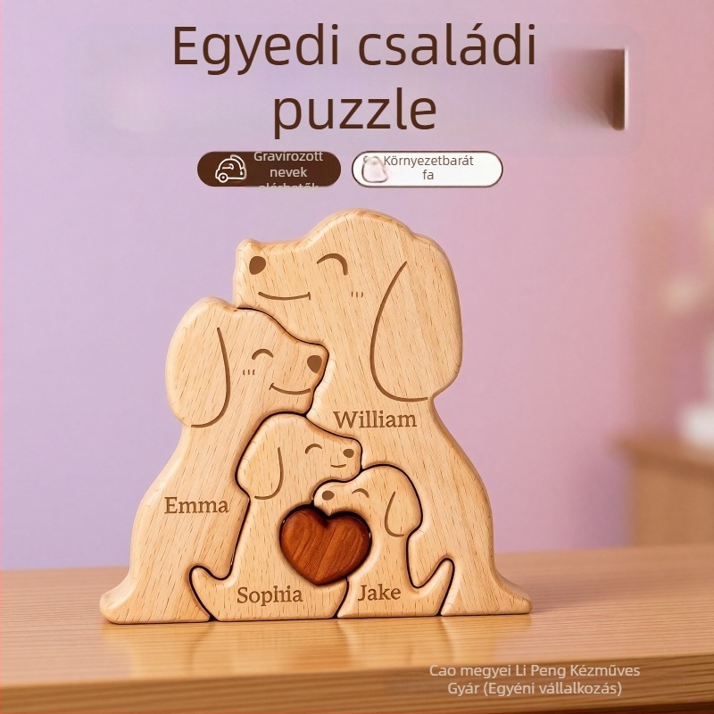 Fából készült kutyás családi puzzle dekorációs készlet otthoni díszítéshez