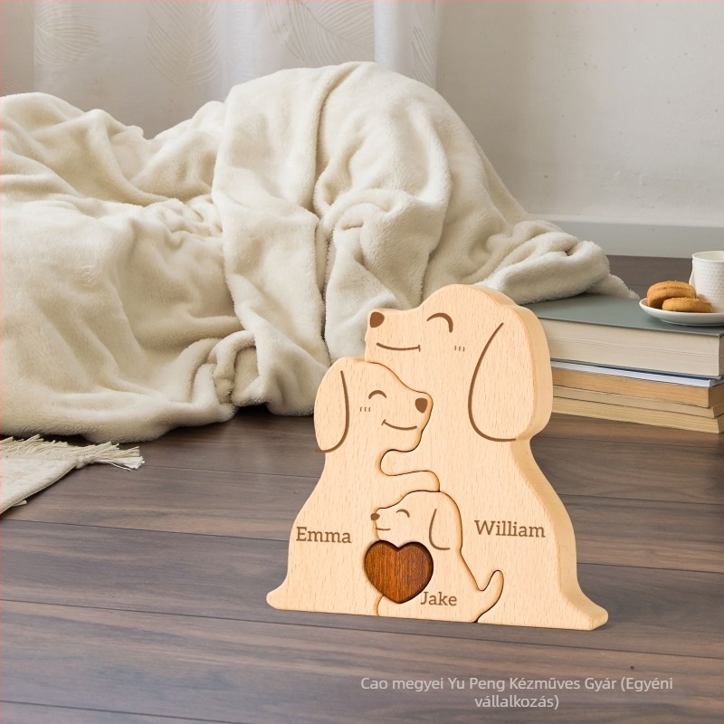 Fából készült kutyás családi puzzle dekorációs készlet otthoni díszítéshez