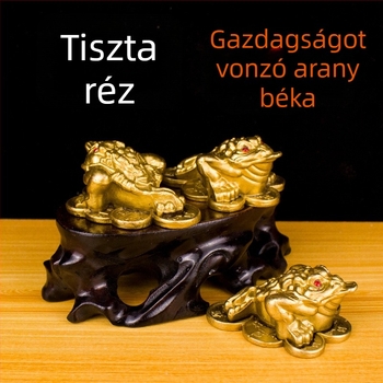 Kis réz‑arany varangy három lábbal, Feng Shui talizmán a szerencséért, otthoni dekoráció