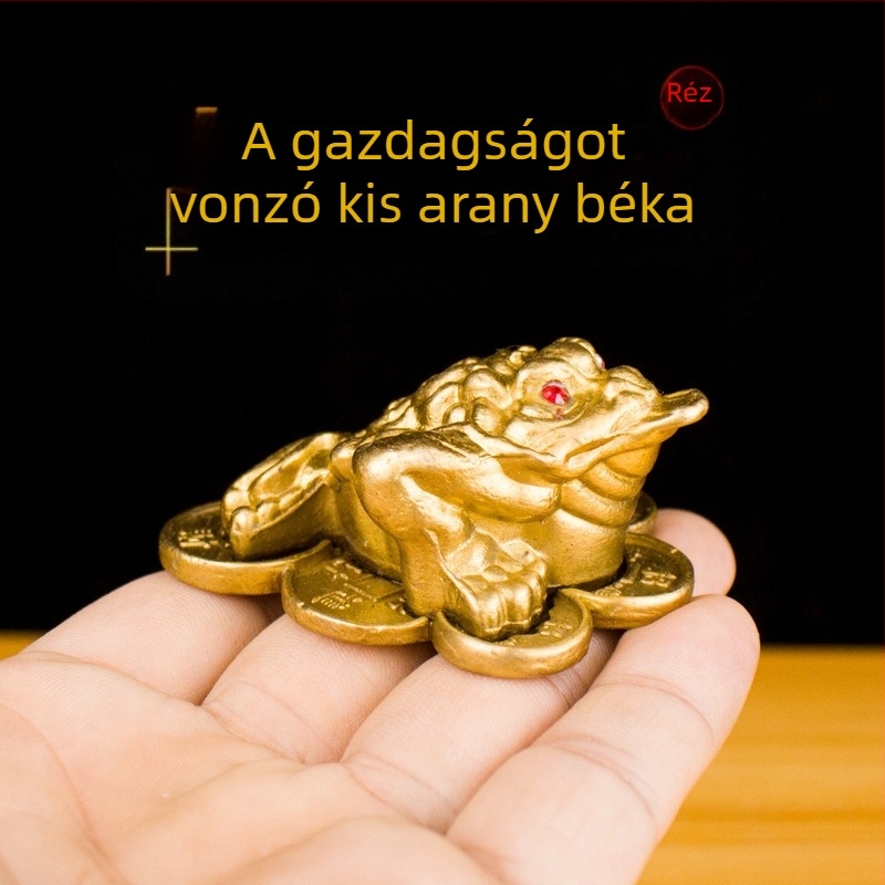Kis réz‑arany varangy három lábbal, Feng Shui talizmán a szerencséért, otthoni dekoráció
