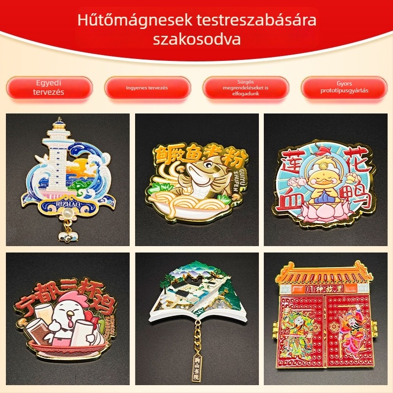 Fém hűtőmágnes, kartúnos zománcfestéssel, kézzel készített dísz, személyre szabható a terv szerint