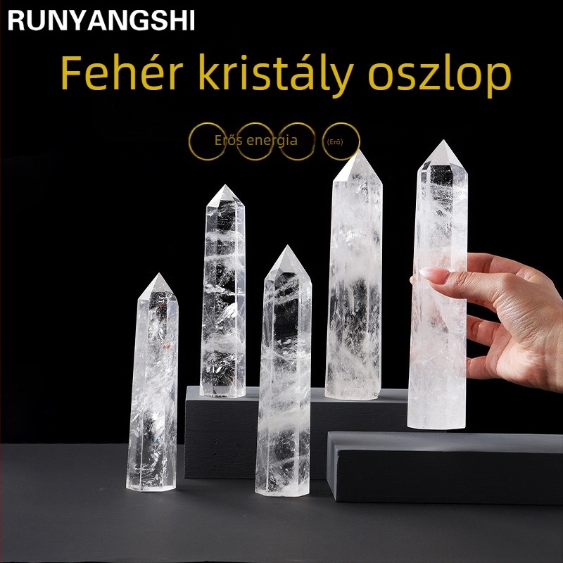 Természetes fehér kristályos oszlop, polírozott hexagonális energiaskő, 9–20 cm, dekoratív dísz.