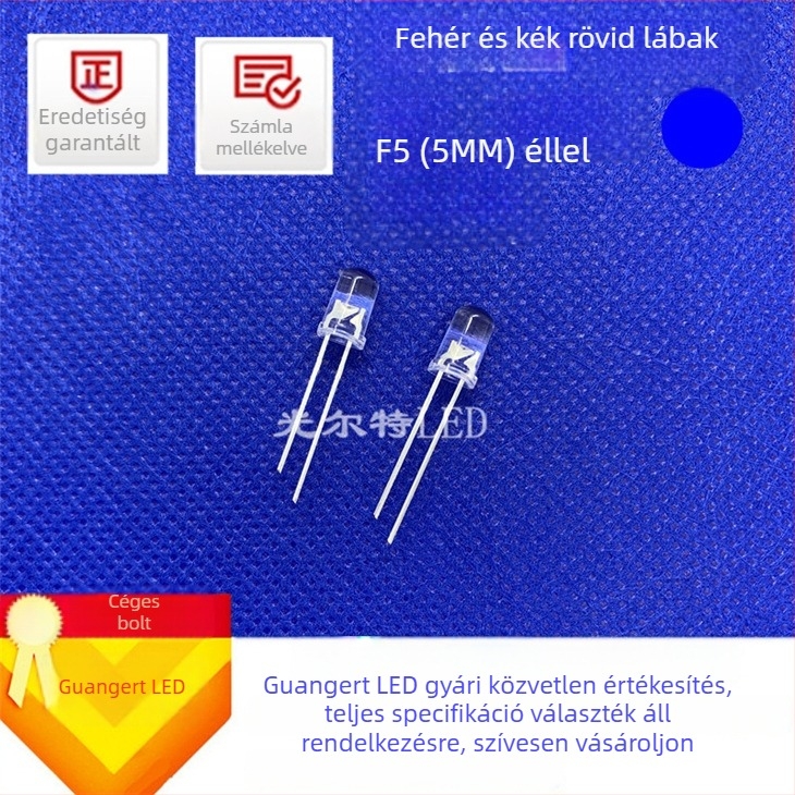 F5 5 mm kék magas fényerősségű LED gyöngy, átlátszó kerek fej, közvetlen bedugós