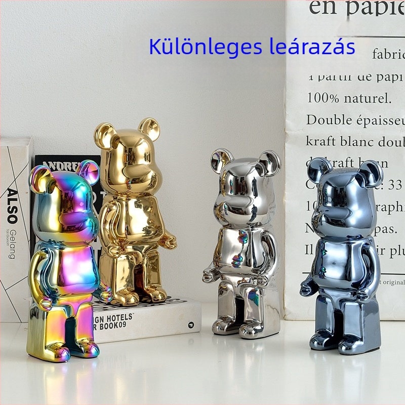 28 cm kerámia medve szobor, pénzbankkal, elektroplattolt felülettel, modern otthoni dekor.