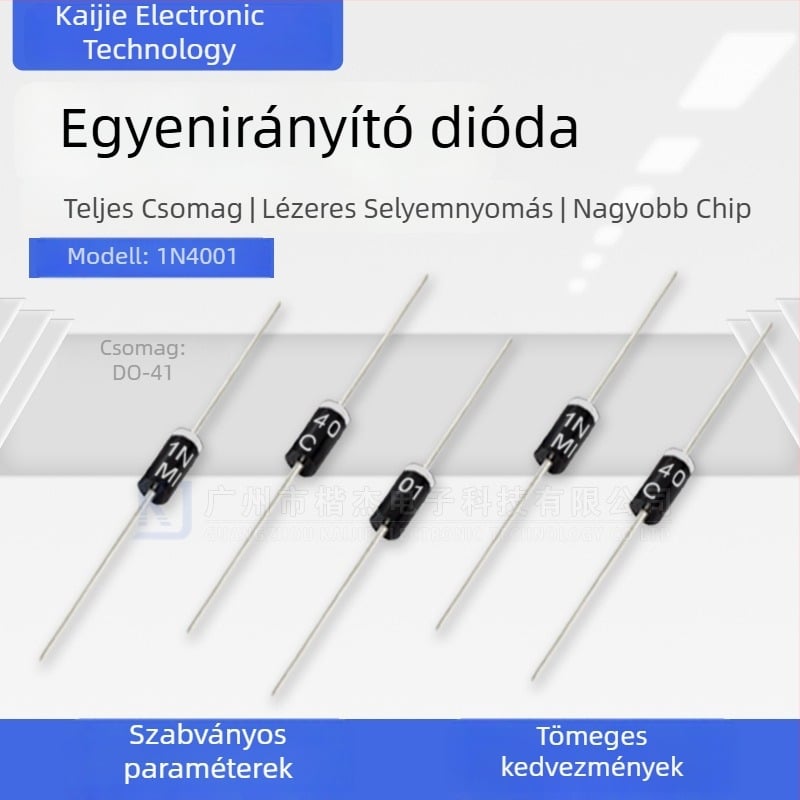 1N4001 egyenirányító dióda, 1 A, 50 V, DO-41, tömeges kiszerelés