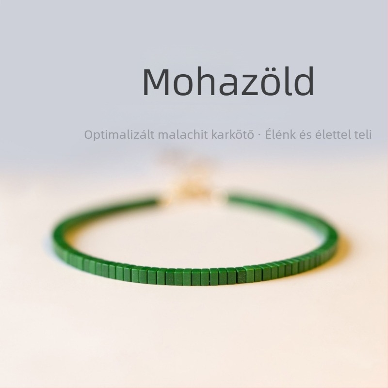 Női malachit zöld karkötő, geometriai mintázat, vékony egysoros, kis jade-kövekkel