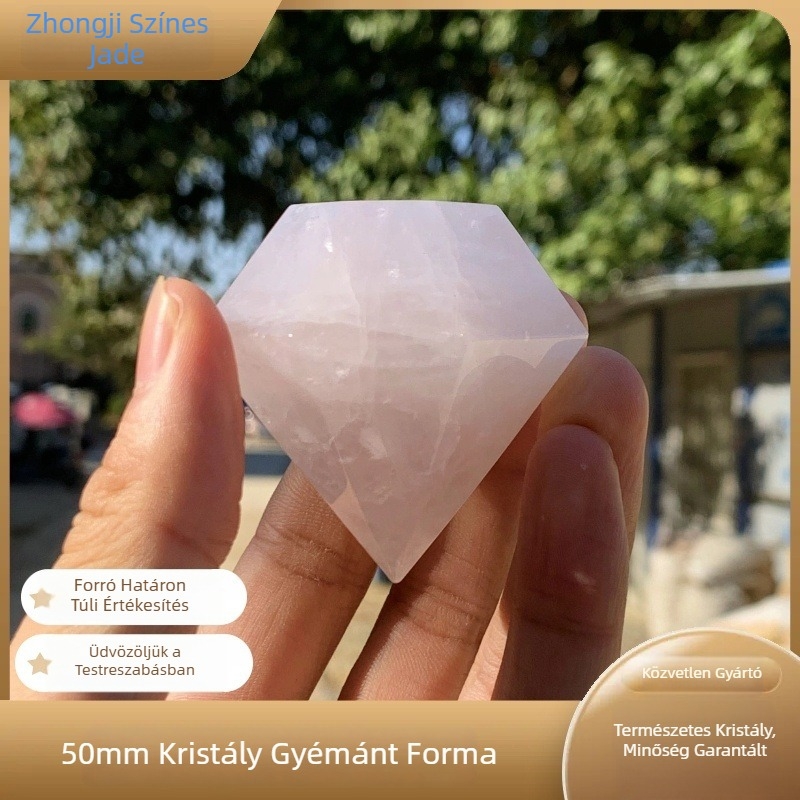 Természetes rózsaszín kristály, nyolcszögletű gyémánt alakú félkő, asztali dekoráció, 50 mm, kézzel készült