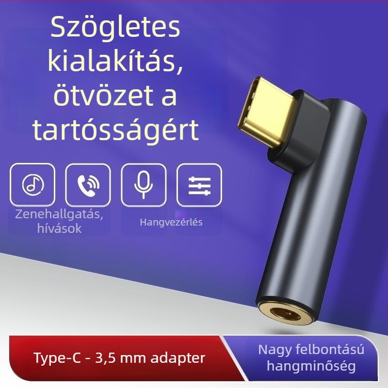 Type-C audió adapter, 90 fokos, vezetékes 3,5 mm-es fejhallgatóhoz, többfunkciós adatkábel