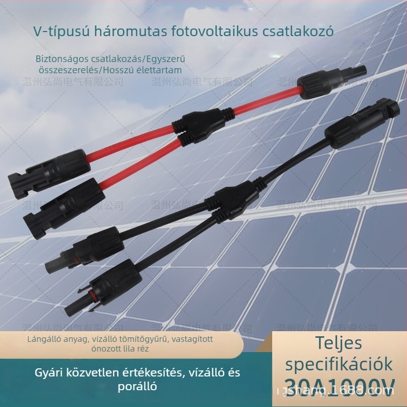 MC4 napelemes csatlakozó, Y‑alakú osztó, 1–2 adapterrel, vízálló, tűzálló, vezetékekkel