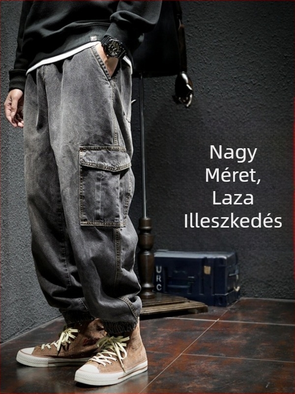 Hongkong-stílusú retro egyenes szárú farmer, plusz méret, egyszínű, férfi mindennapi nadrág kötőzsinórral és több zsebbel, oversize