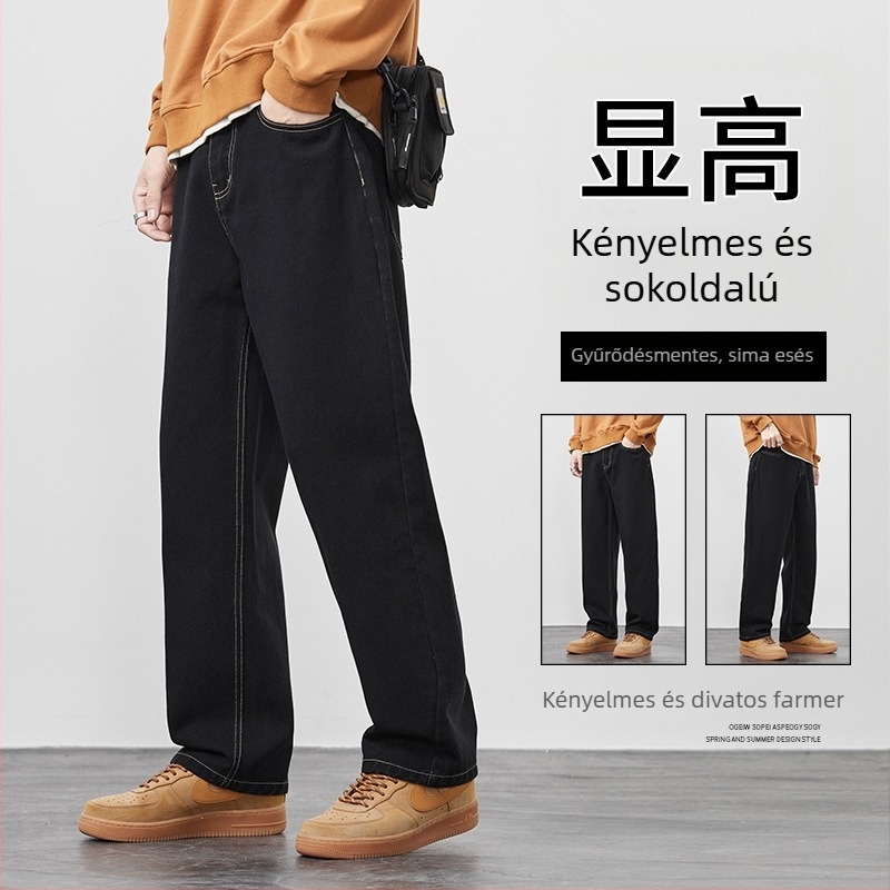 Mingge férfi farmernadrág az amerikai utcai stílusban, fekete denim, ősz-tél, lazább szabásvonal, egyenes szárú