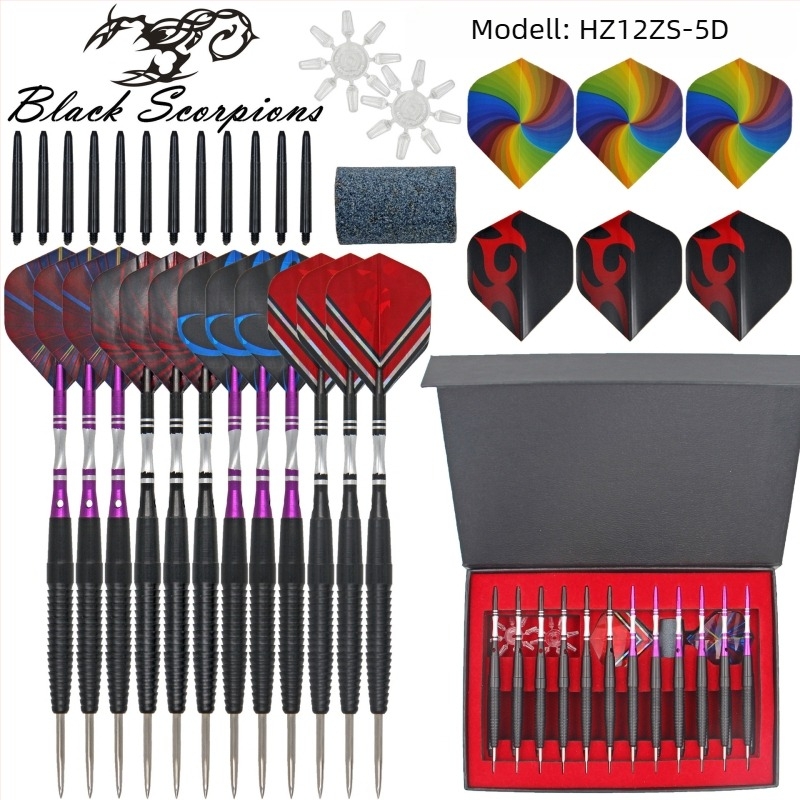 Rézhegyű darts készlet, 12 darabos ajándékdobozos csomagolás, Black Scorpions; privát címkézés elérhető