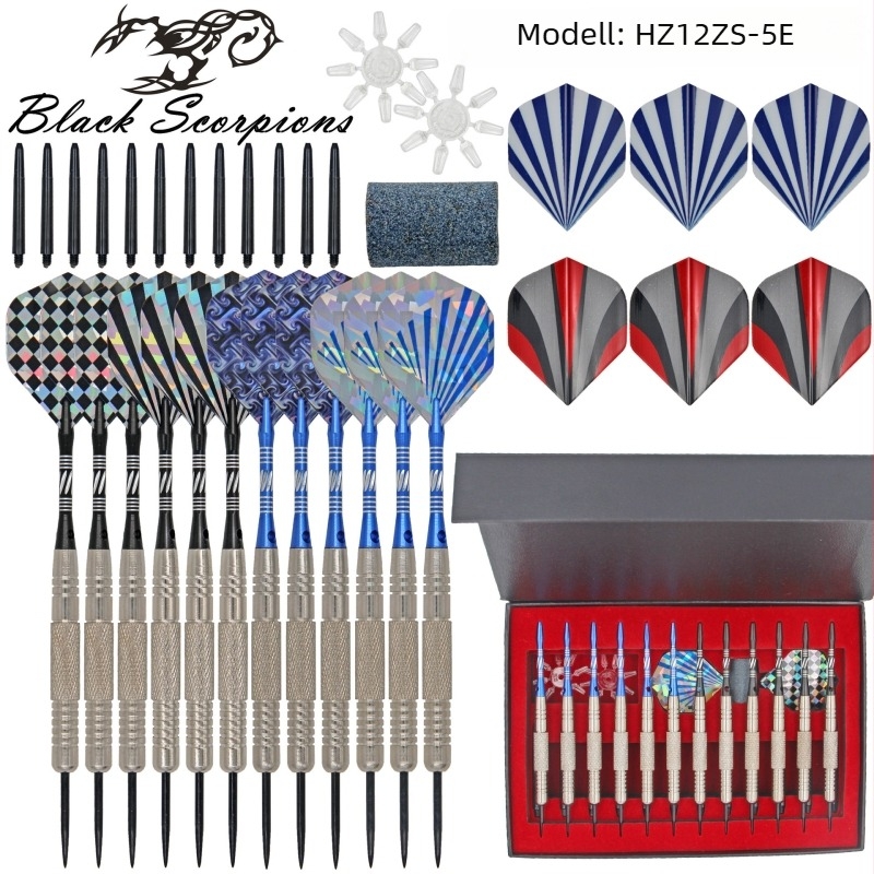 Rézhegyű darts készlet, 12 darabos ajándékdobozos csomagolás, Black Scorpions; privát címkézés elérhető
