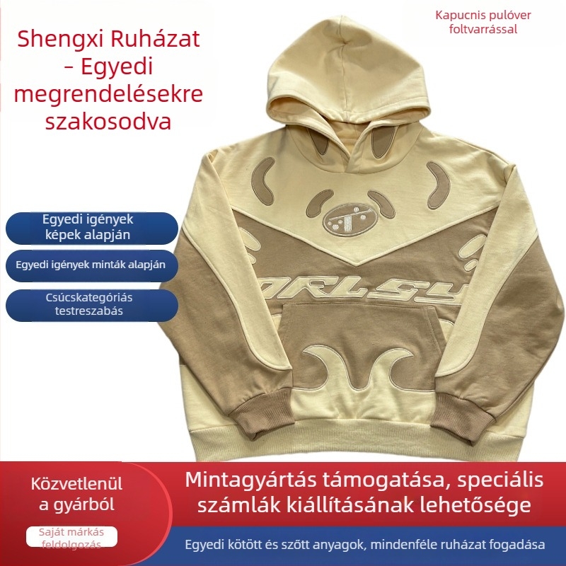 Szabadon szabású kapucnis pulóver patch hímzéssel, pamut, tavasz–ősz, páros stílus