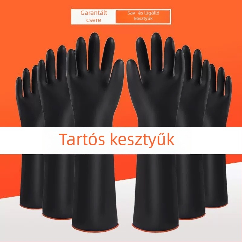 Fekete ipari latex kesztyűk, sav- és bázisálló, hosszú, vastag szegéllyel, vízállóak, olajállóak, korrózió- és kopásállóak
