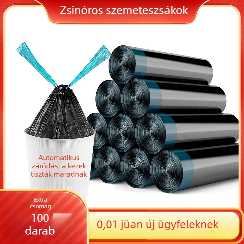 Zsinóros, automatikusan záródó szemeteszsák, háztartási használatra, vastagított konyhai zsák, sík nyílású, fekete műanyag zacskó