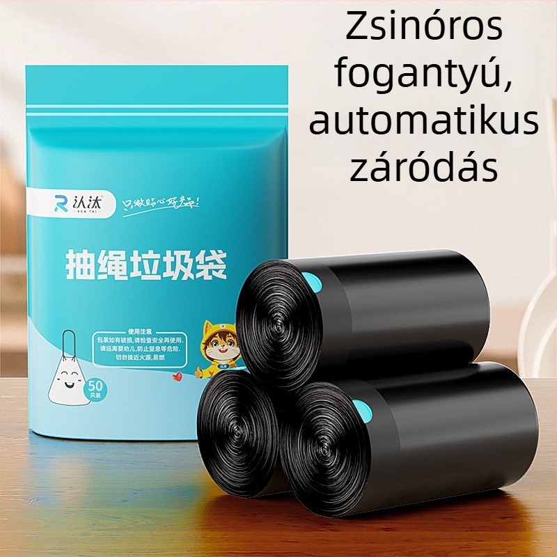 Zsinóros, automatikusan záródó szemeteszsák, háztartási használatra, vastagított konyhai zsák, sík nyílású, fekete műanyag zacskó