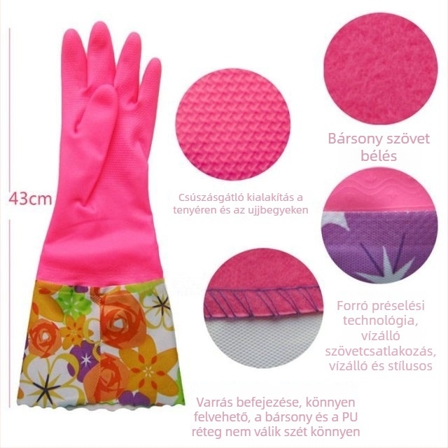 Bársonyos bélésű latex háztartási kesztyűk mosogatáshoz, csúszásmentes, meleg és tartós