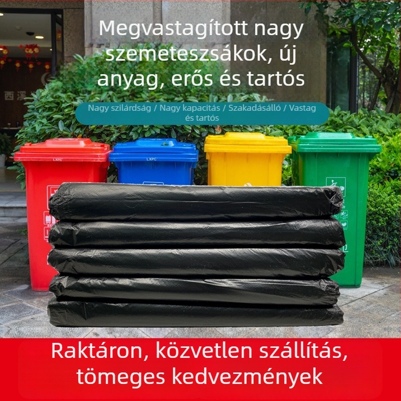 Fekete, nagy méretű, vastagított műanyag szemeteszsákok, egyszeri használatra, 60x80x100 cm