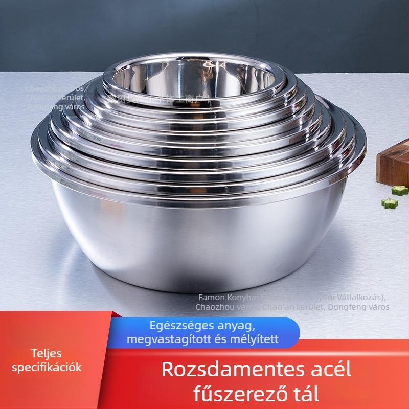 Élelmiszer-minőségű rozsdamentes acél tálak, vastag peremmel, kerek keverőtálak a konyhában, zöldségmosáshoz, tojás felveréséhez és ízesítéshez.