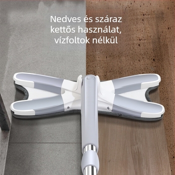Összecsukható forgófejes lapos mop, rozsdamentes acél nyéllel, mikroszálas fej, száraz–nedves kettős használat