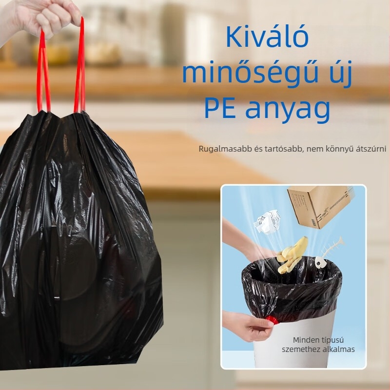 Illatmentes kötözős szemeteszsákok, vastagított kivitel, háztartási konyhai használatra, fekete