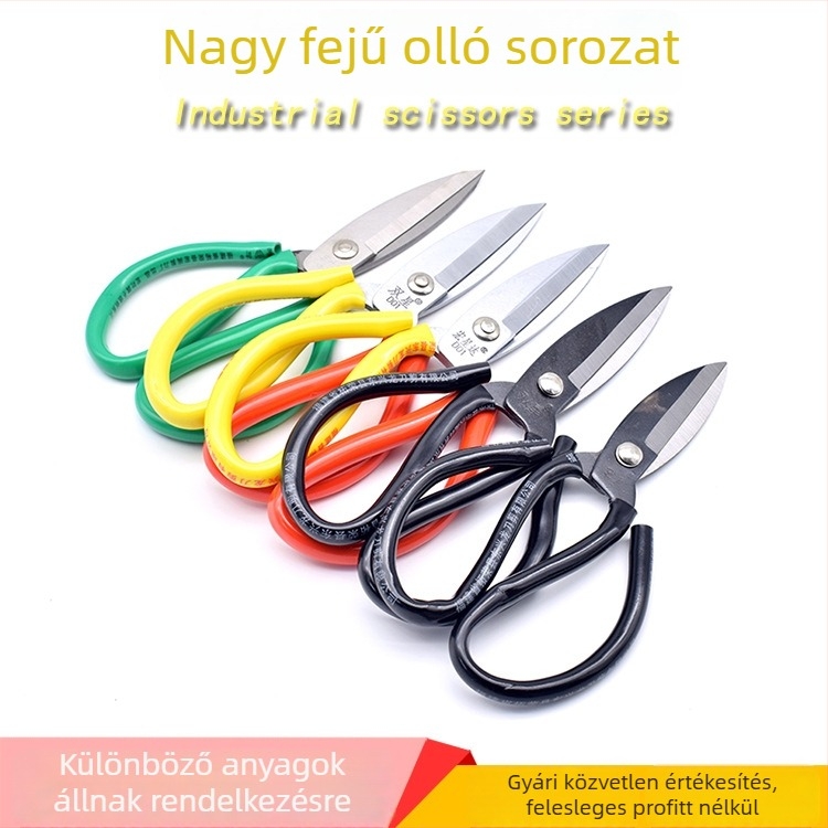 Ipari felhasználásra – nagyfejű olló, nagy széntartalmú acél pengével, fekete felületkezeléssel, PVC fogantyú
