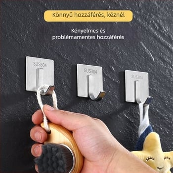 Rozsdamentes acélból készült ragasztókampó az ajtó mögé, fúrás nélkül, nyom nélkül – ruhákhoz és táskákhoz, fürdőszobába és konyhába