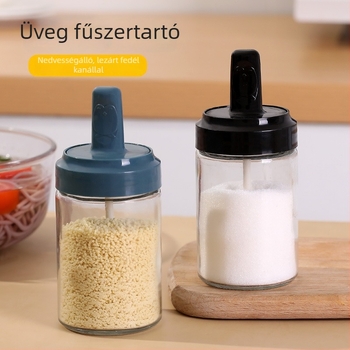 Üveg fűszertartó beépített kanállal és fedéllel, sóhoz, cukorhoz és MSG-hez
