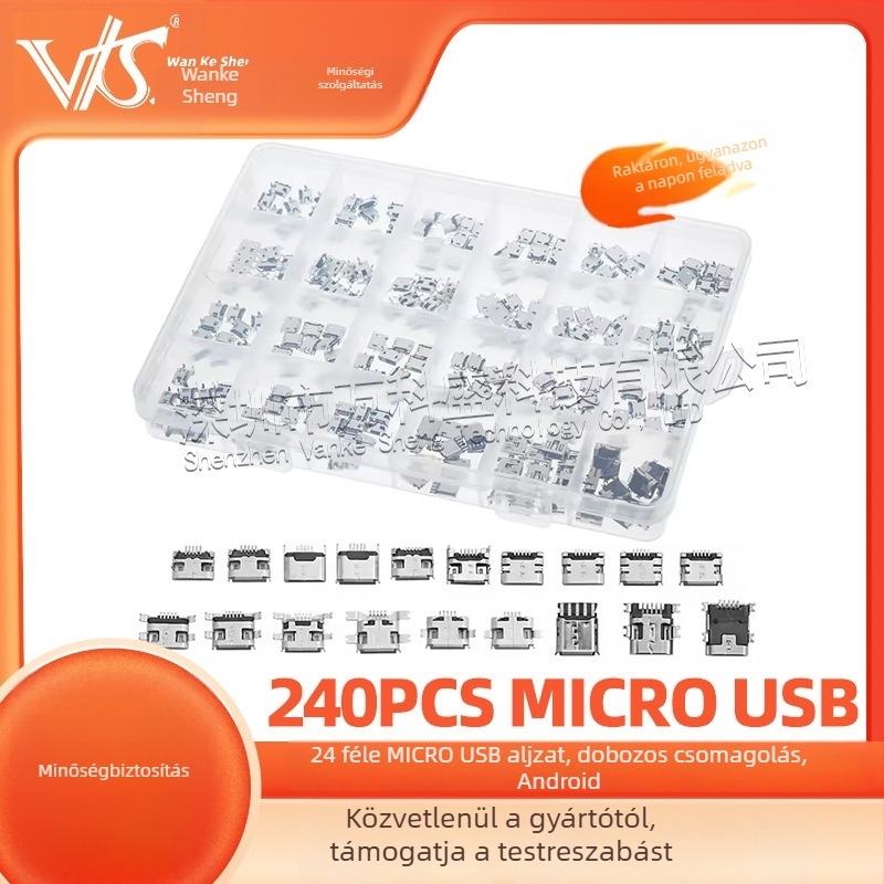 240 darab Micro USB női csatlakozó, 24 típus, dobozos csomagolás, Micro USB interfész