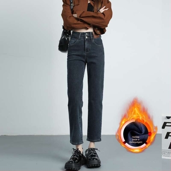 Női fleece-béléssel ellátott egyenes szabású farmernadrág, cropped hossz, magas derék, laza szabás, cigaretta stílus