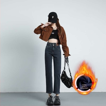 Női fleece-béléssel ellátott egyenes szabású farmernadrág, cropped hossz, magas derék, laza szabás, cigaretta stílus